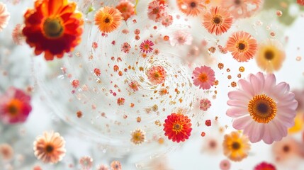 Fototapeta premium Swirling trails of vibrant tiny flowers create a mesmerizing abstract pattern, floating gracefully on a white background
