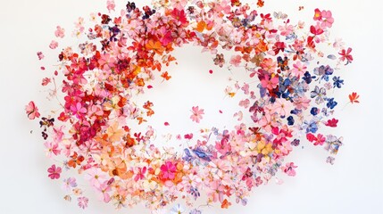 Swirling trails of vibrant tiny flowers create a mesmerizing abstract pattern, floating gracefully on a white background