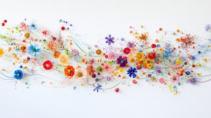Fototapeta premium Tiny, colorful flowers in swirling trails form an intricate abstract pattern, set against a pure white backdrop during an artistic display