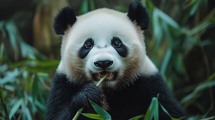 Fototapeta premium endangered panda chewing on bamboo in its natural habitat, surrounded by the lush greenery and tranquility of a bamboo forest