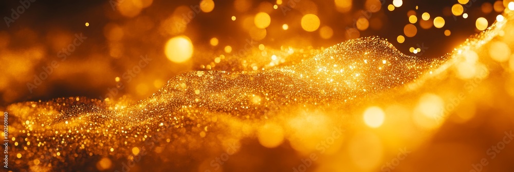 Poster abstract golden glitter background with bokeh effect, sparkling dust particles and wavy texture