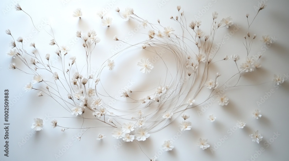 Poster tiny flowers swirling in delicate trails, forming a mesmerizing abstract pattern on a white backgrou