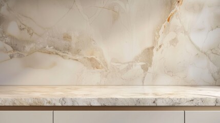 Kitchen beige marble tabletop on wall background for product presentation. Concrete empty countertop in studio for cosmetics and food advertisement design.