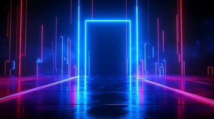 Fototapeta premium Futuristic neon doorway in a dark environment, vibrant blue and pink lights with reflections on a glossy surface.