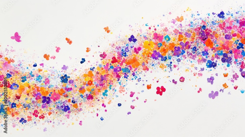 Poster tiny, vibrant flowers swirl in artistic trails, creating an intricate abstract pattern on a white ba