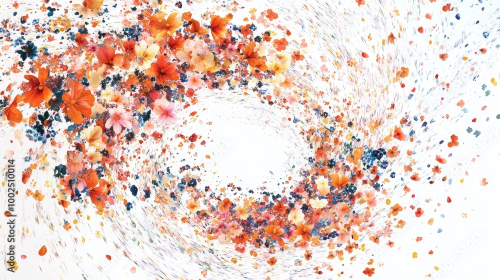 Poster abstract swirling trails of vibrant tiny flowers creating a stunning visual display on a white backg