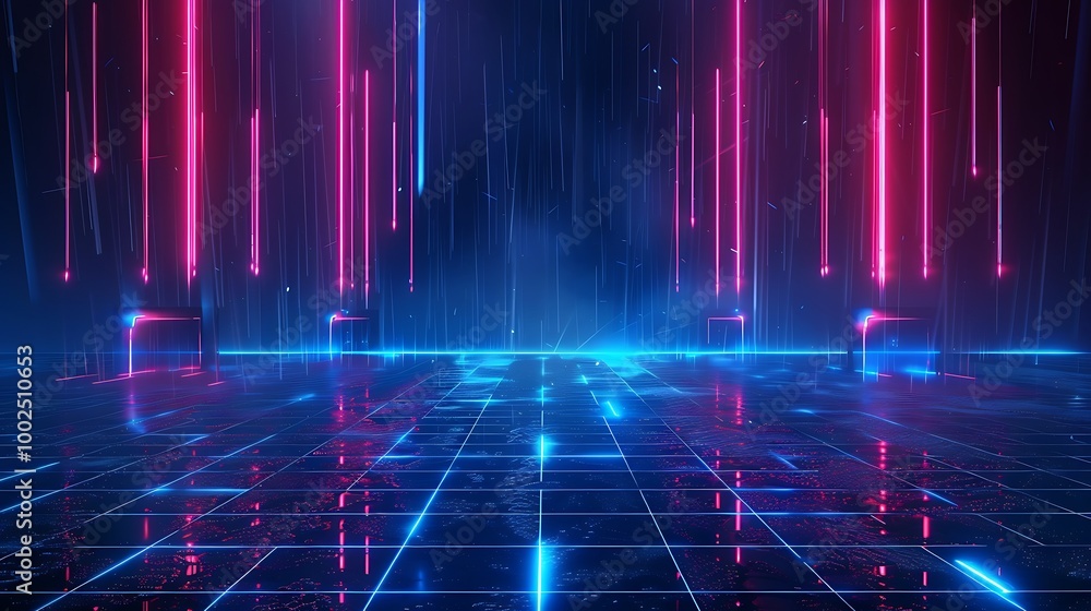 Poster futuristic neon grid with glowing lines and reflections on a dark background.