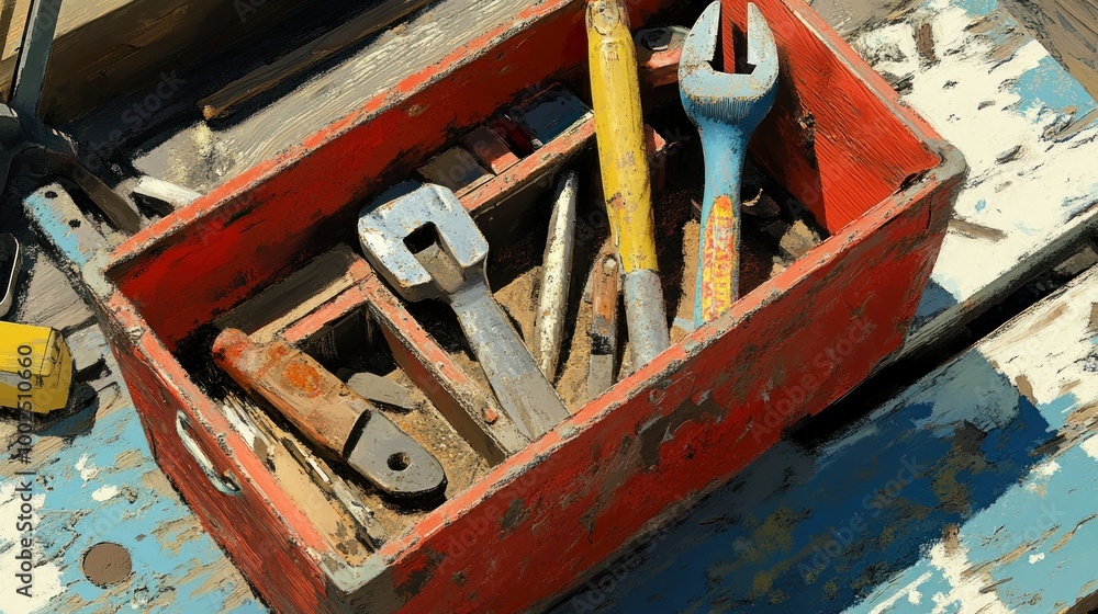 Poster a worn red tool box filled with rusty tools