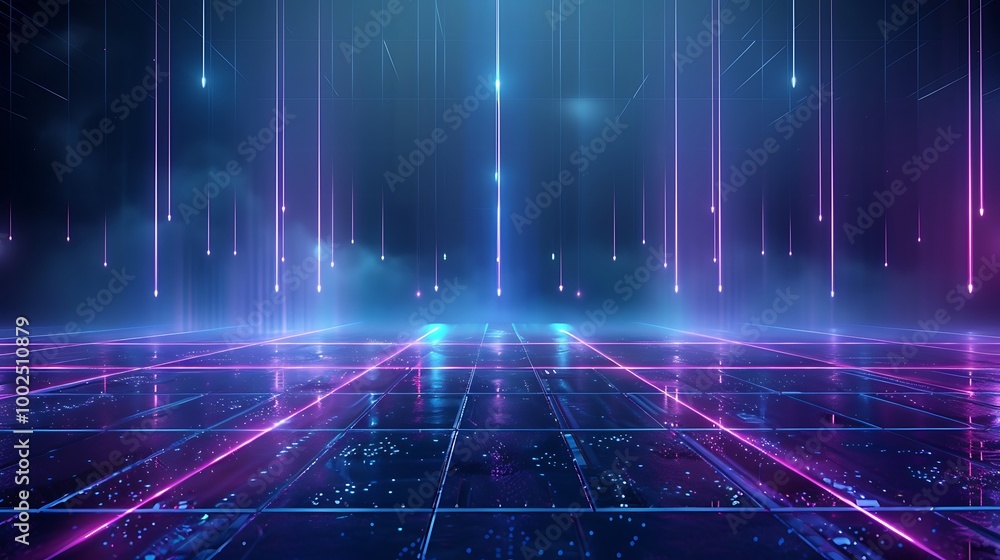 Poster futuristic neon landscape with glowing lines and particles, creating a vibrant digital atmosphere.