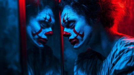 A clown actor sitting and gazing into a mirror with a sad expression, tears streaming down their...