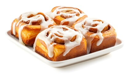 Fototapeta premium A plate of freshly baked cinnamon rolls, with gooey icing drizzled over the top