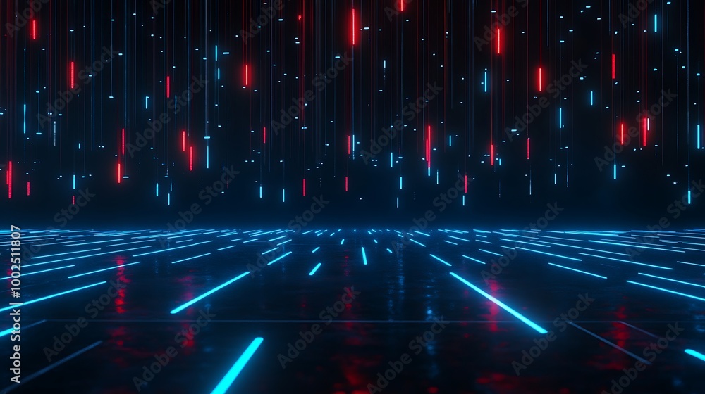 Poster futuristic neon light background with vibrant red and blue glowing lines creating a dynamic digital 