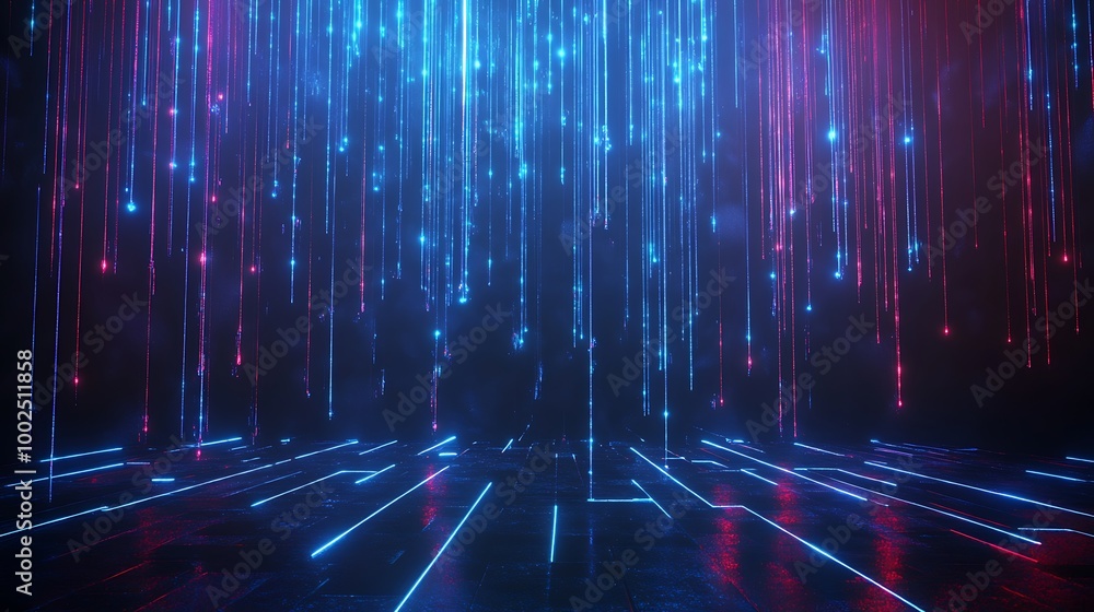 Poster futuristic neon light beams cascading in a dark digital environment creating a vibrant and dynamic a