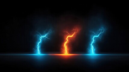 Dynamic and colorful lightning bolts in shades of blue, orange, and yellow set against a dark background, creating a striking visual effect of energy and power.