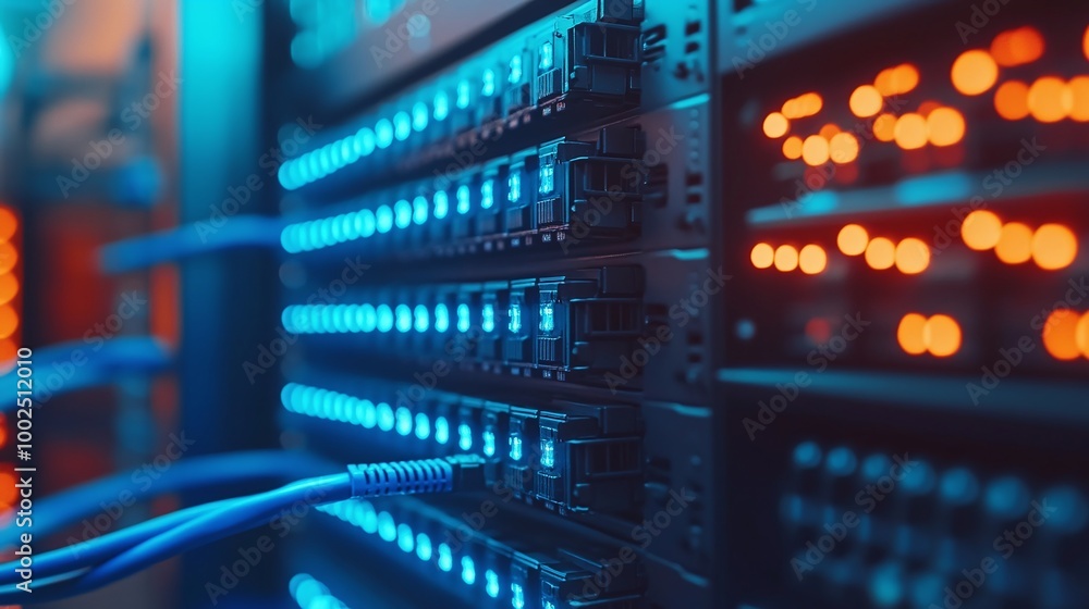 Poster close-up of a blue cable and network switch in a data center, demonstrating the advanced wiring and 