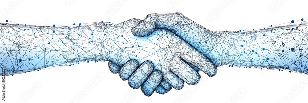 Poster digital handshake abstract illustration of two hands shaking with network connections.