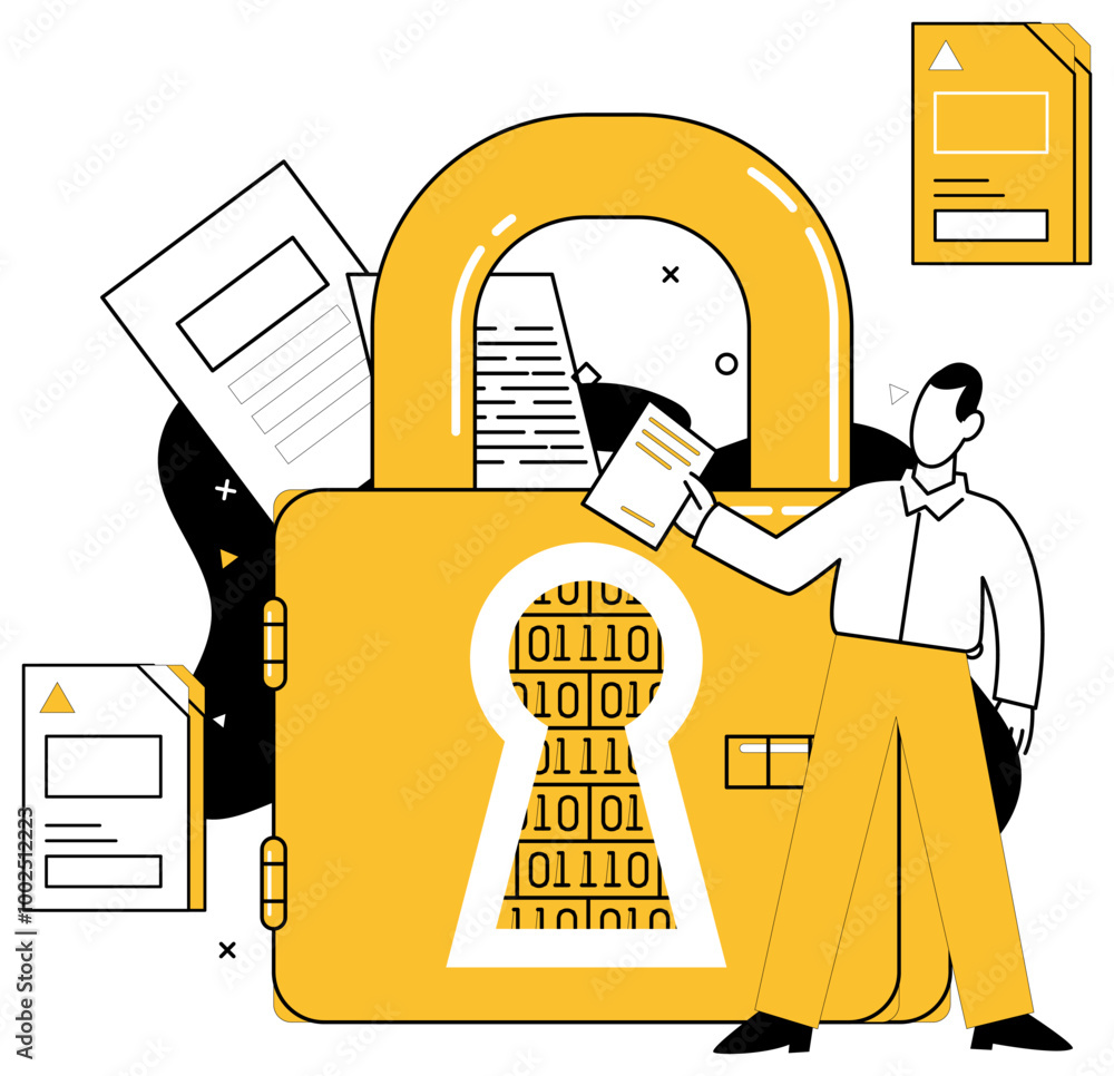 Poster data security vector illustration. the fortress data security stands strong against uncertainties cy