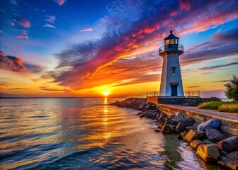 Golden sunlight bathes the serene shoreline of Lake Erie, illuminating the lighthouse as waves gently crash, creating a