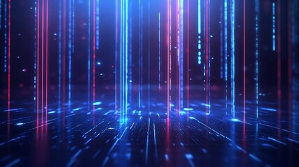 Futuristic neon light beams in blue and red shades create a mesmerizing digital landscape.