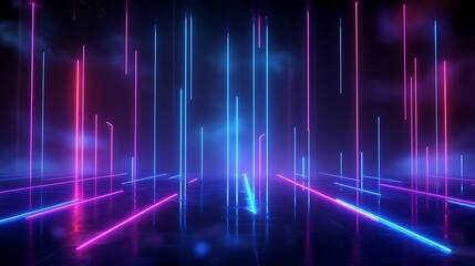 Fototapeta premium Futuristic neon light beams in vibrant blue and pink colors on a dark background.