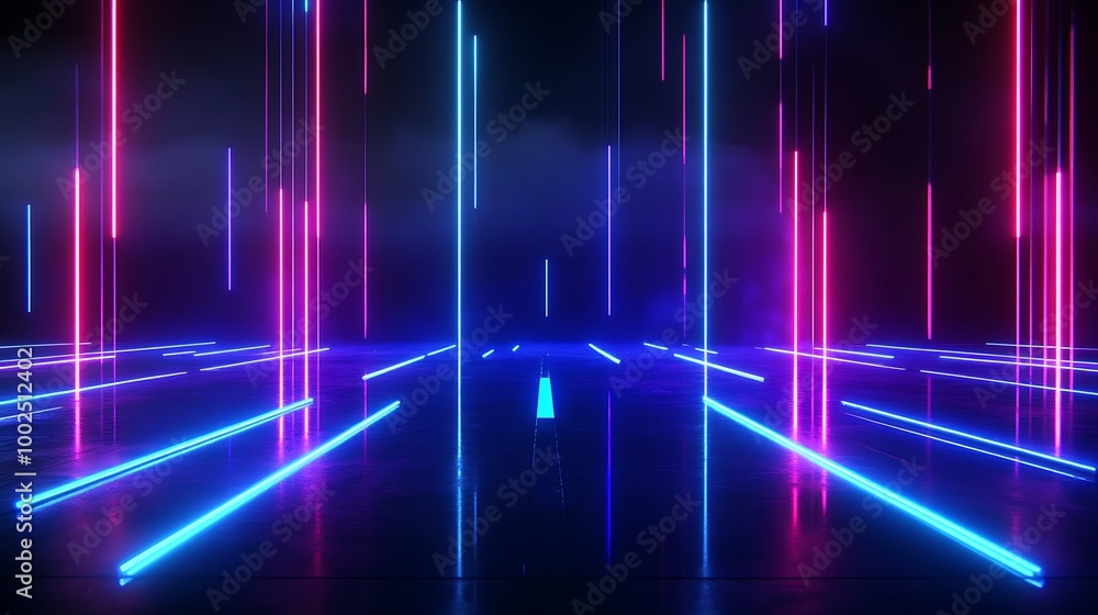 Poster futuristic neon light beams with vibrant colors creating a dynamic and immersive atmosphere.