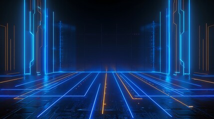 Futuristic neon light corridor with glowing lines and dark background, ideal for digital themes and sci-fi concepts.