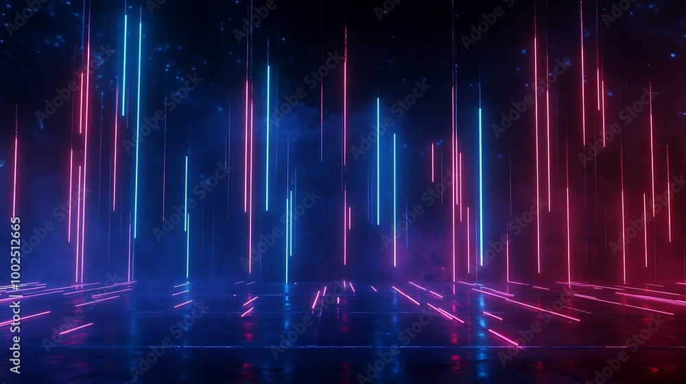 Poster futuristic neon light display with vertical lines in blue and pink against a black background, creat