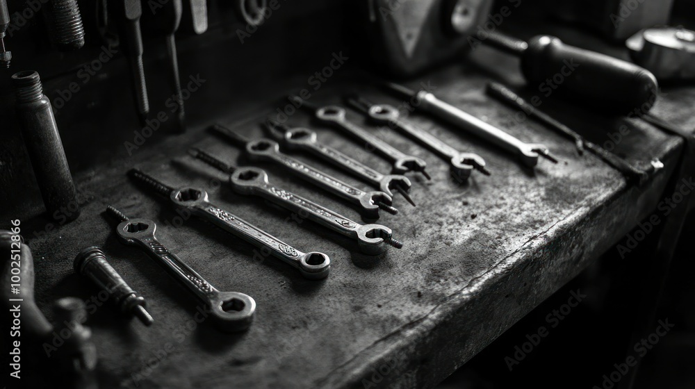 Aufkleber A Close-up of Various Wrenches on a Metal Workbench