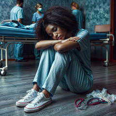 Overworked, burnt out, depressed and tired black woman nurse sits on hospital floor.