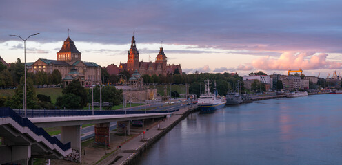 Fototapeta premium Evening panorama of the city of Szczeci in Poland