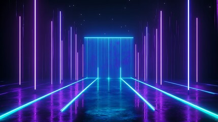 Fototapeta premium Futuristic neon light installation with vibrant colors and reflections in a dark environment.