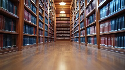 law office library with rows of legal books and references arranged on bookshelves, providing essential resources for legal professionals