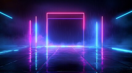 Fototapeta premium Futuristic neon light setup with vibrant colors and a reflective floor, creating an immersive visual experience.