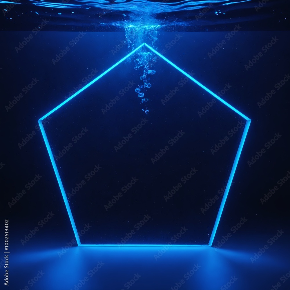 Poster glowing blue neon pentagon frame submerged in water, with fluid waves splashing out, blending futuri