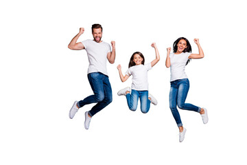 Full length body size photo of funny funky trendy lucky fortunate family triumphing while isolated with blue background