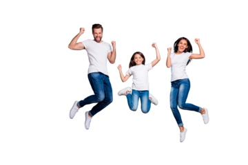 Full length body size photo of funny funky trendy lucky fortunate family triumphing while isolated with blue background