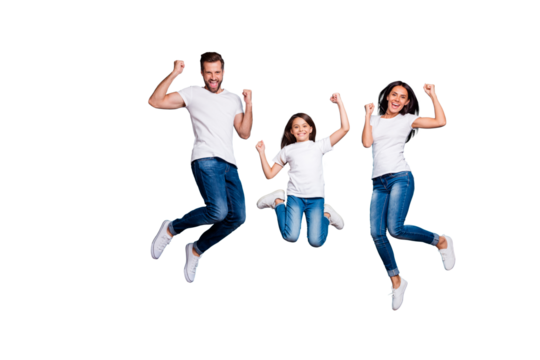 Full length body size photo of funny funky trendy lucky fortunate family triumphing while isolated with blue background