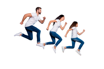 Full length body size photo of running sporty family being healthy and beautiful while isolated with blue background