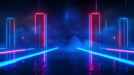 Futuristic neon lights and pillars create a vibrant digital atmosphere with reflections and fog.