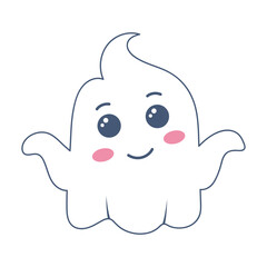 Halloween ghost in cute kawaii style. Funny spirit isolated on white background.