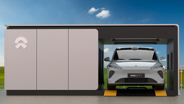 NIO ET 7 in front of Power Swap Stations