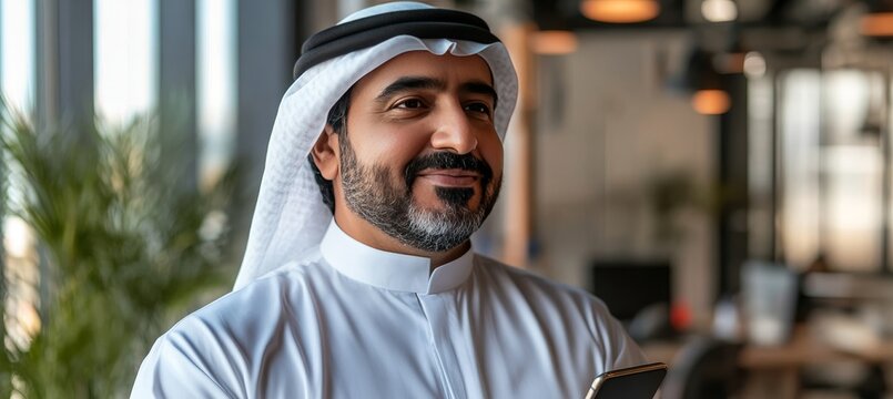 Confident Middle Eastern Businessman Using Smartphone in Modern Office, Technology, Success