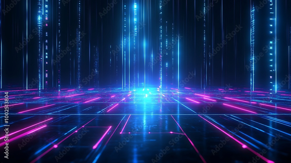 Poster futuristic neon lights create a digital landscape, showcasing vibrant colors and dynamic patterns in