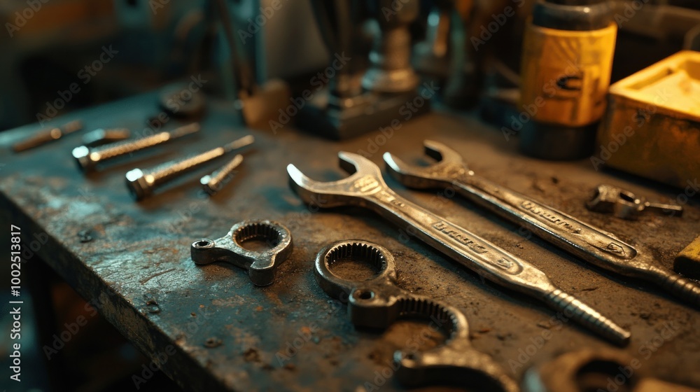 Poster close-up of assorted tools on a metal workbench