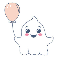 Halloween ghost in cute kawaii style. Funny spirit holding balloon isolated on white background.