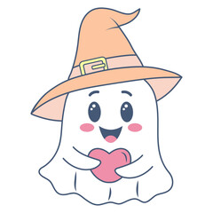 Halloween ghost in cute kawaii style. Funny spirit in hat holding heart isolated on white background.