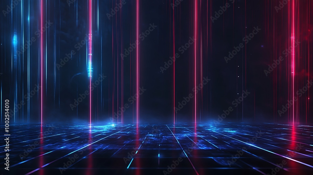 Aufkleber futuristic neon lights create a sci-fi environment with digital grid elements.