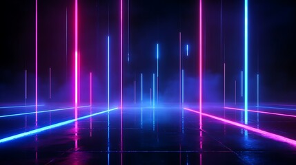 Fototapeta premium Futuristic neon lights create a mesmerizing pattern in a dark, misty environment, highlighting vibrant colors and reflections.