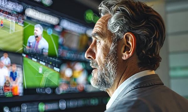 Mature Man Watching Football Match on Multiple Screens in Sports Bar