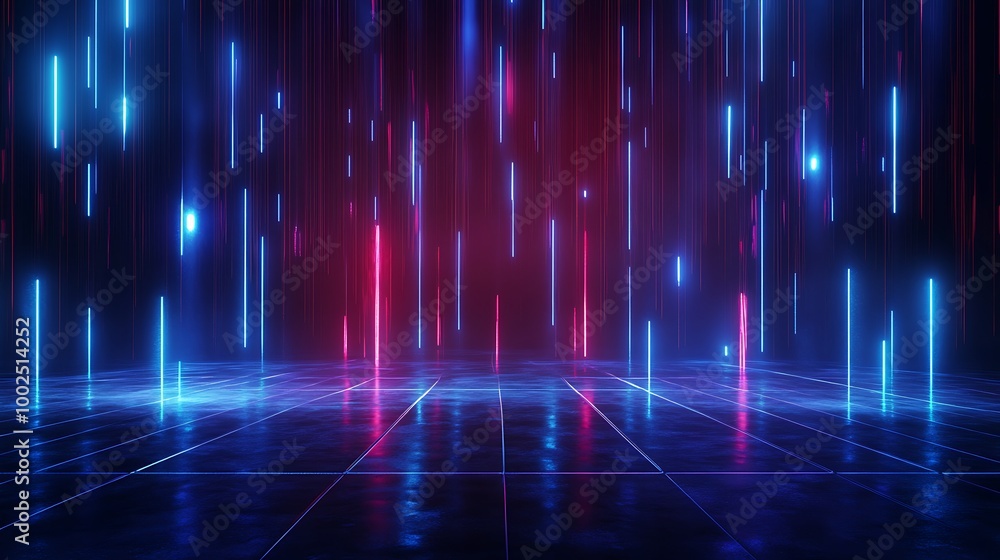 Poster futuristic neon lights create a vibrant and dynamic abstract background with an illuminated floor.